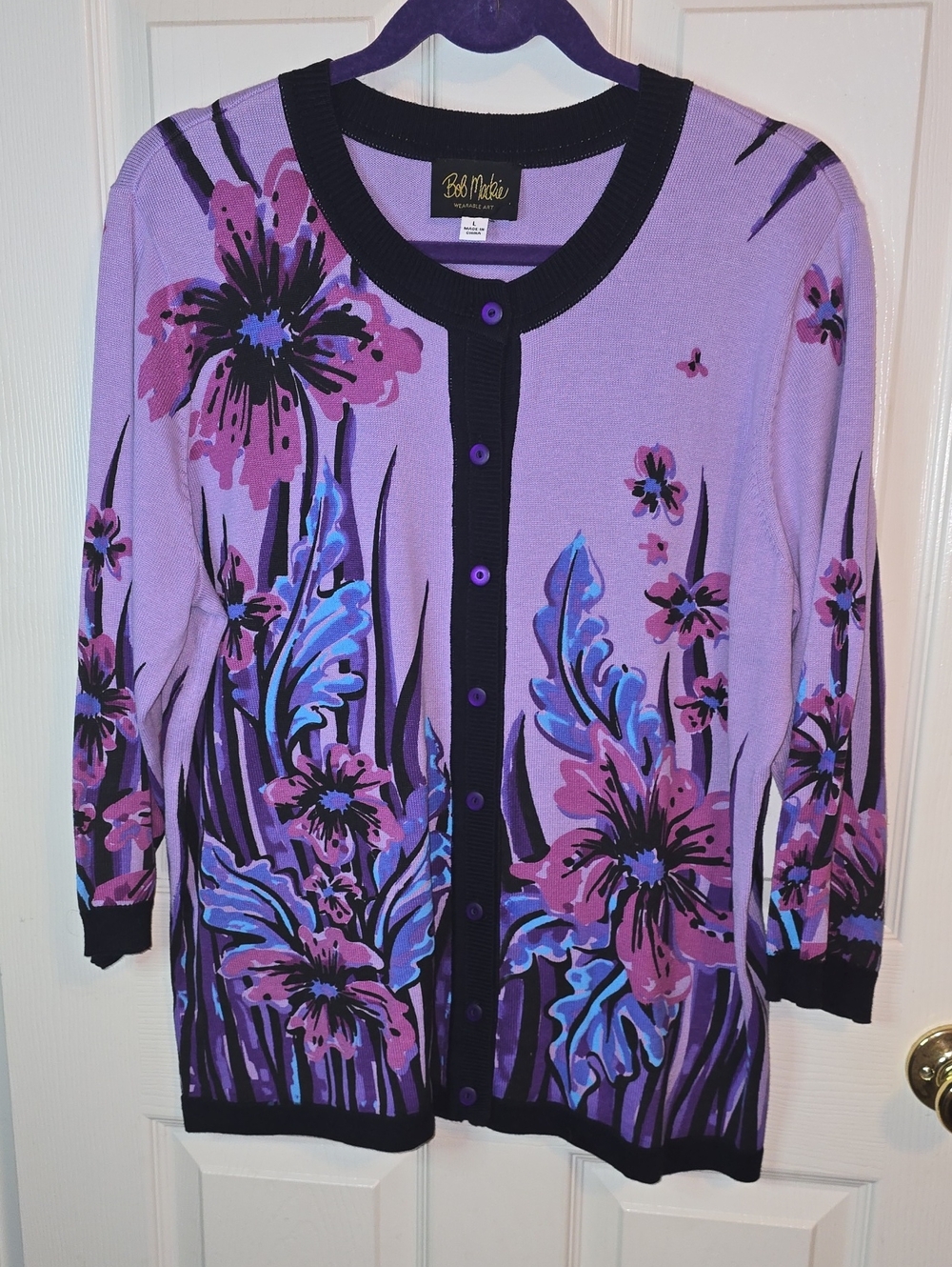 Bob Mackie Lavender Floral Cardigan with Black Trim and Purple Buttons